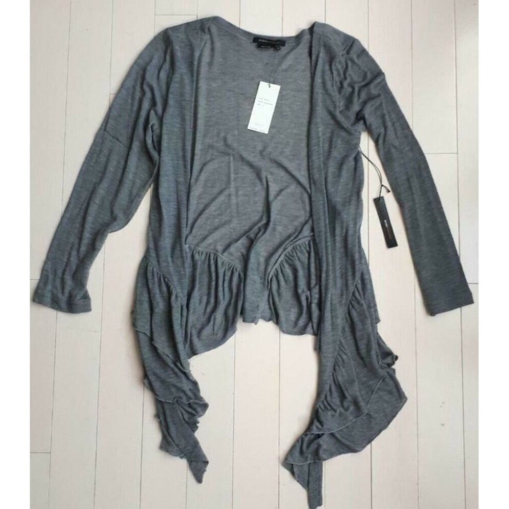 BCBG MAX AZRIA Delicate GREY Lightweight RUFFLED Hem CARDIGAN ( S )